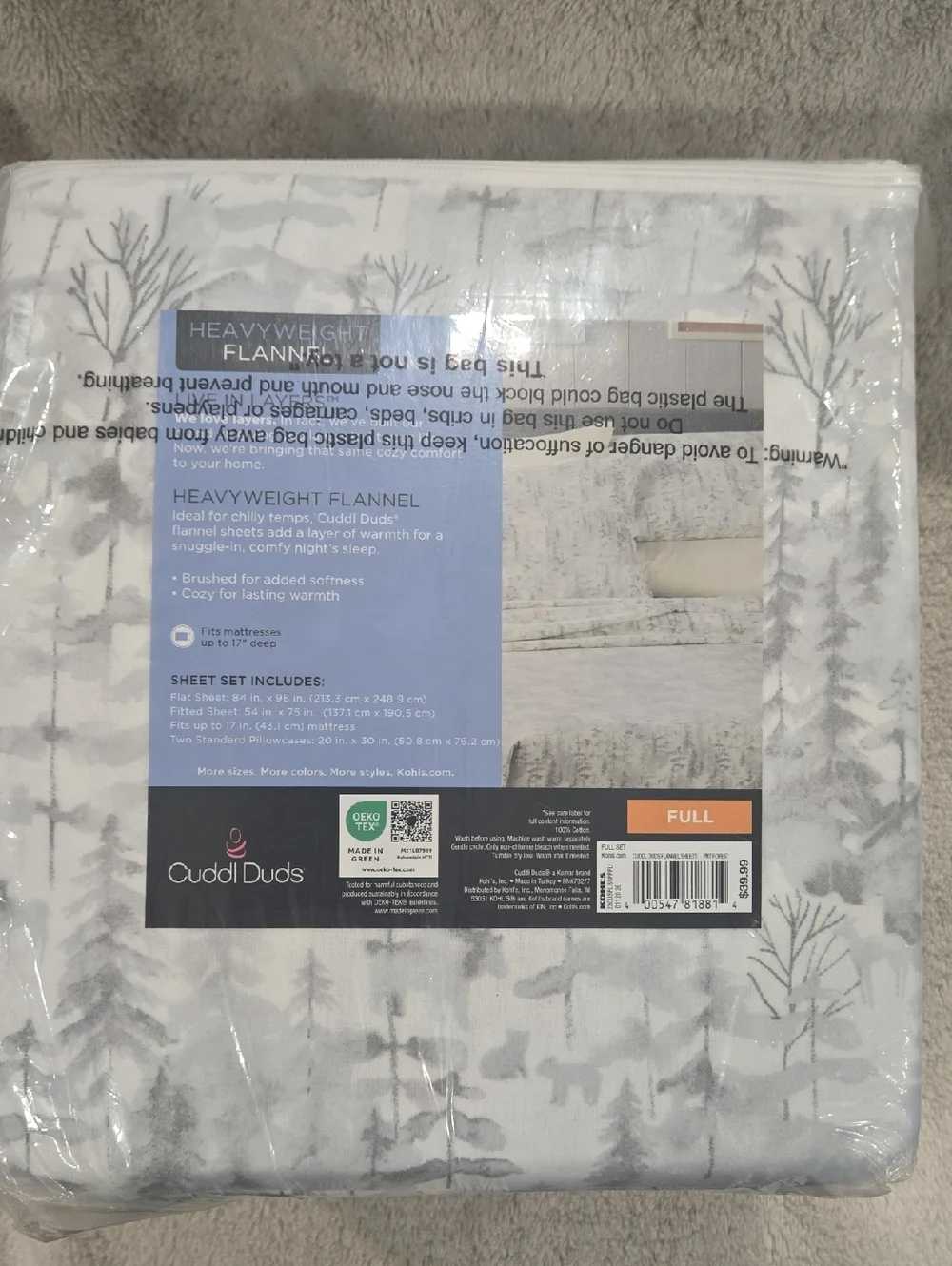 Cuddl Duds Painted Forest Heavyweight Flannel Full Size Sheet Set - NEW